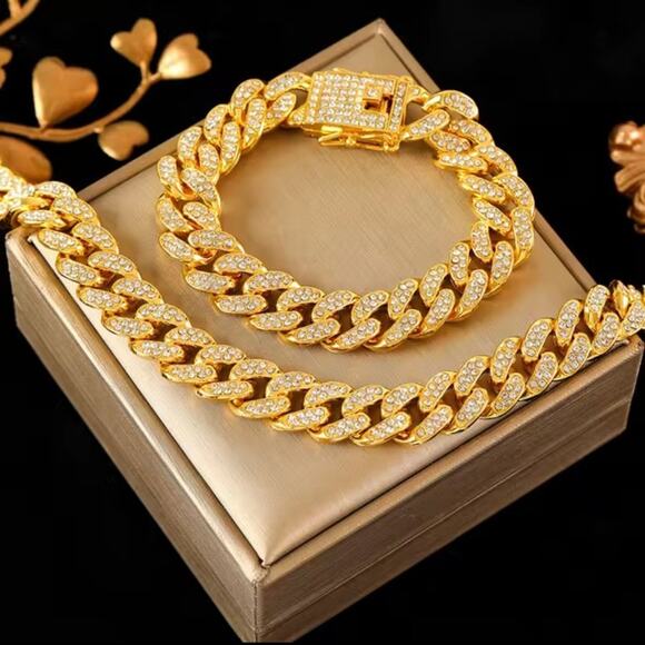 Iced Out 18k Gold Plated Cuban Necklace Bracelet Set THICK 12mm Miami Bling NEW - Picture 3 of 5